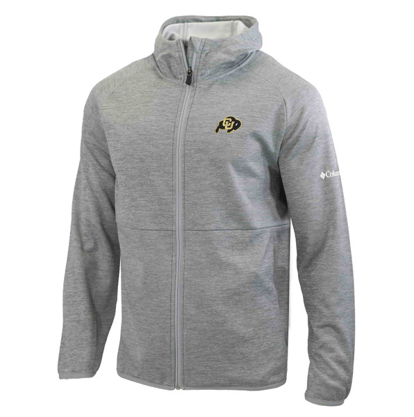 A light gray, full zip Columbia omni wick jacket with CU buffalo logo and two side pockets.